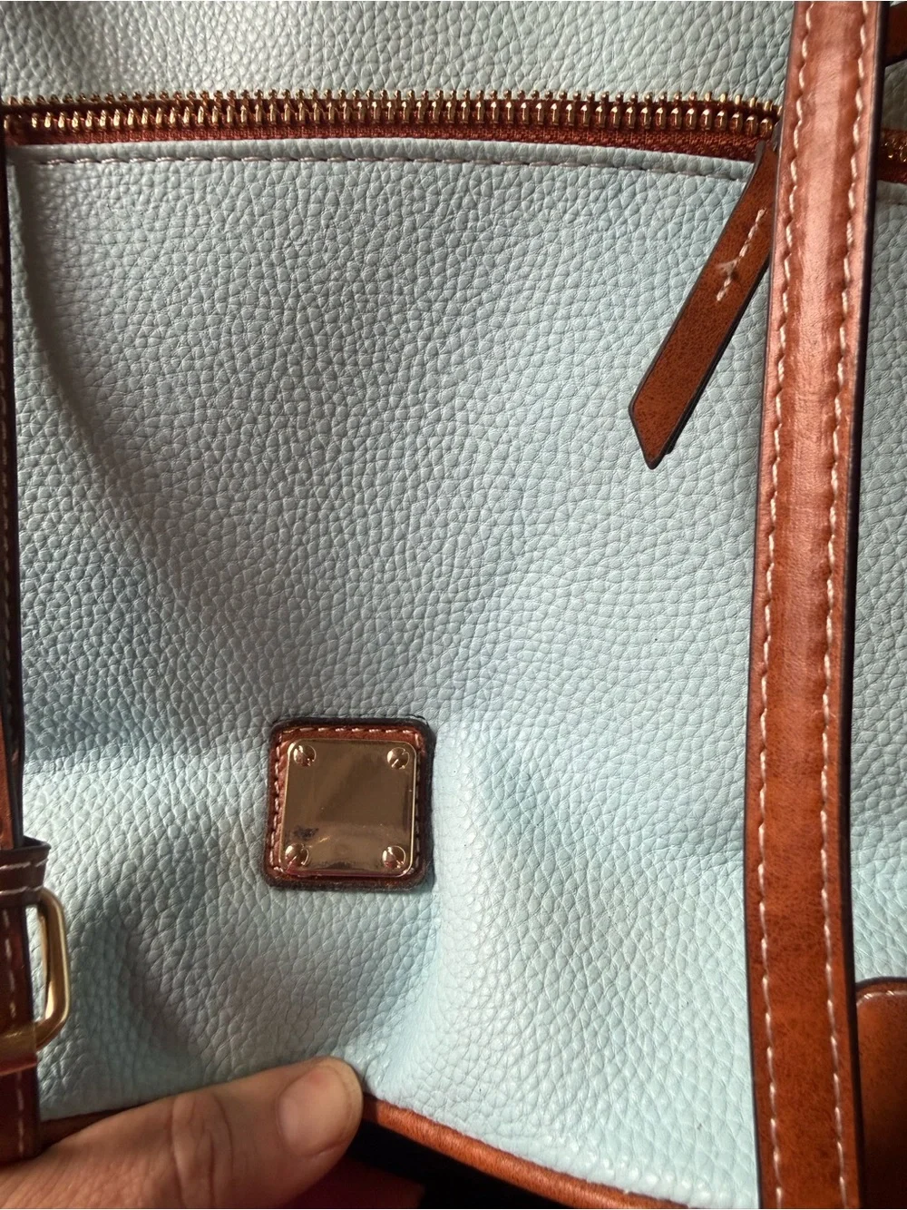 FAUX D&B Light Blue Pebbled Leather Crossbody with Tan Trim